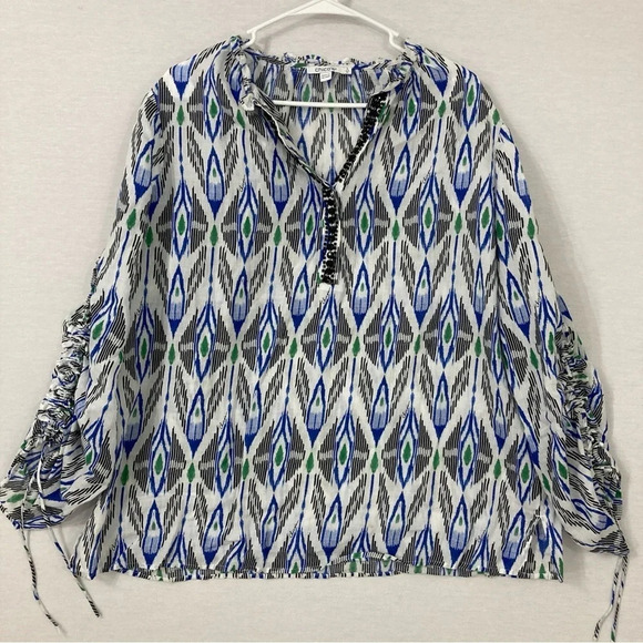 Chico's Blue White Abstract Print Ruched Sleeve Embellished Top size XL 3 - Picture 1 of 10
